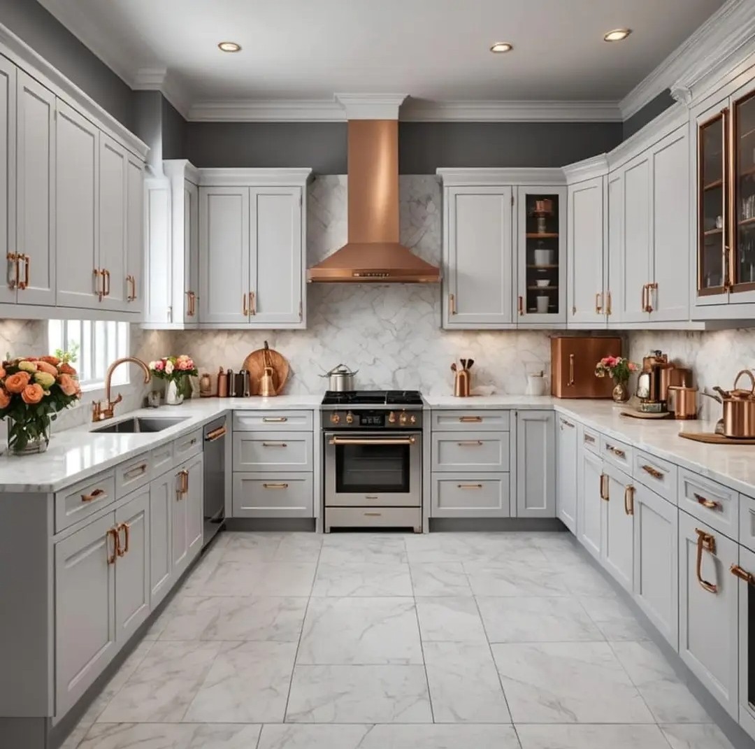 Modern kitchen with copper accents and marble countertops
