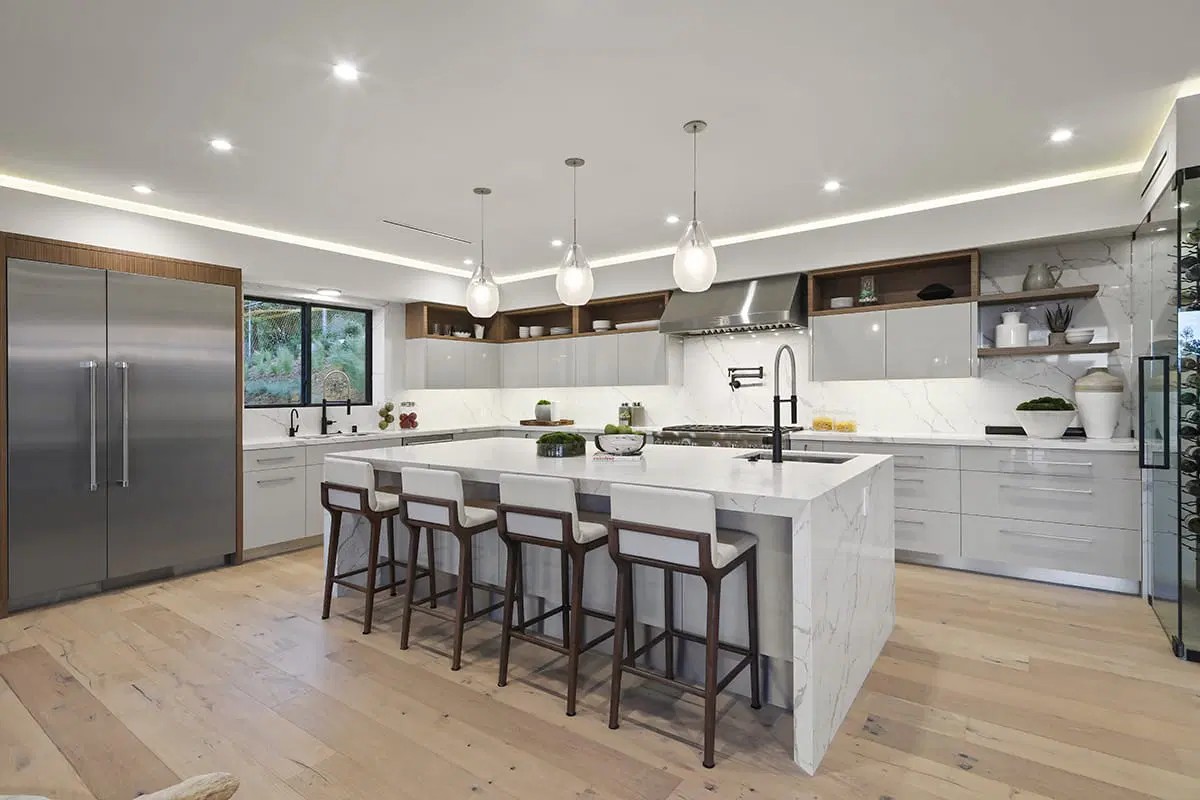 Elegant kitchen with a marble waterfall